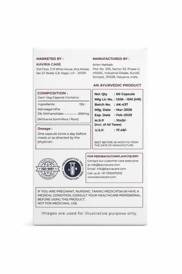 Nagori Ashwagandha capsules 500mg bottle by Kavira Care for stress relief, immunity support and energy boost