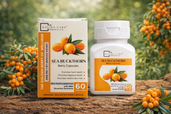 Kavira Care Sea Buckthorn Berry Capsules box and bottle displayed on a natural wood surface with fresh sea buckthorn berries and a blurred forest background.