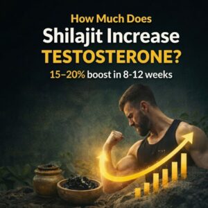 Shilajit resin in bowls with upward growth chart showing natural testosterone increase of 15–20% over 8–12 weeks