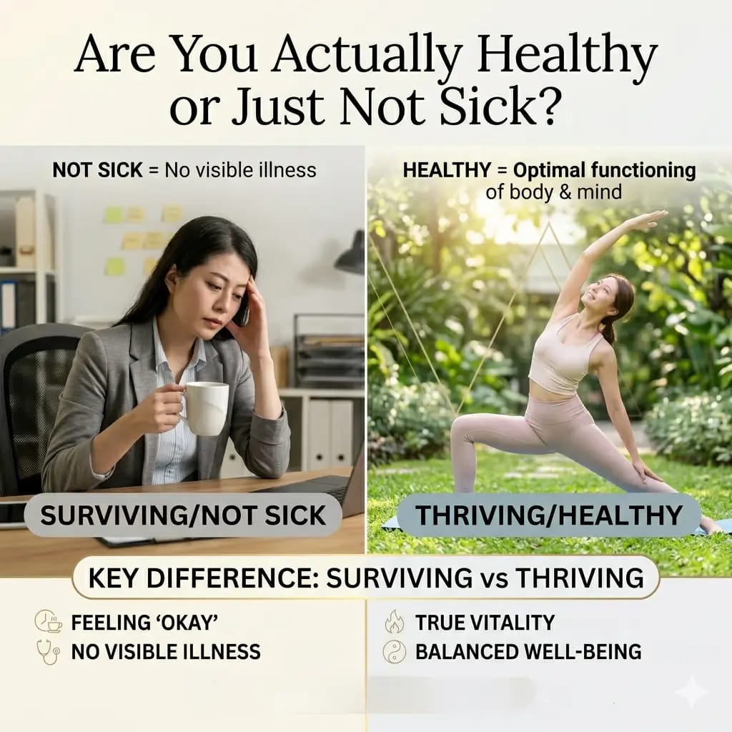 Difference between being healthy and not sick holistic wellness thriving vs surviving concept image